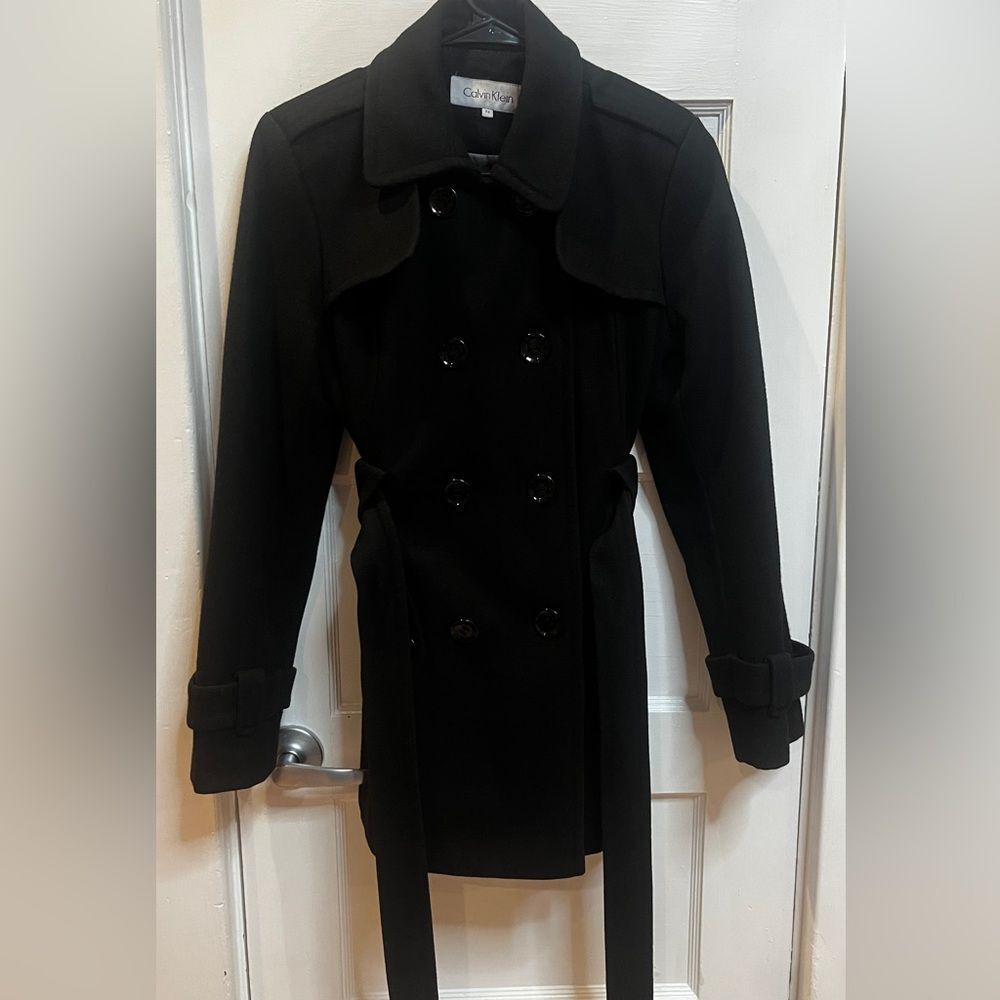 Calvin Klein black double-breasted peacoat self-tie belt Size 4P Wool Blend